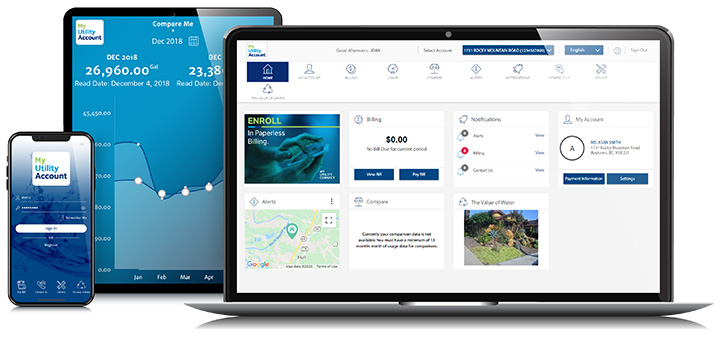 The My Account customer portal displayed on mobile, tablet, and desktop devices.